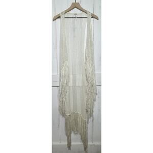 Free People Linen Blend Coastal Boho Cowgirl Gypsy Duster Fringe Long Vest S